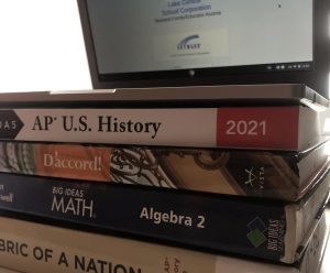 Stack of textbooks from classes available to sophomores.  Classes gave out these books at the beginning of the semester to help students throughout the school year.