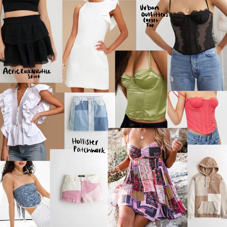 This collage shows spring and summer fashion trend predictions. These pieces are from Lulus, Urban Outfitters, American Eagle, Hollister and Vici. 
