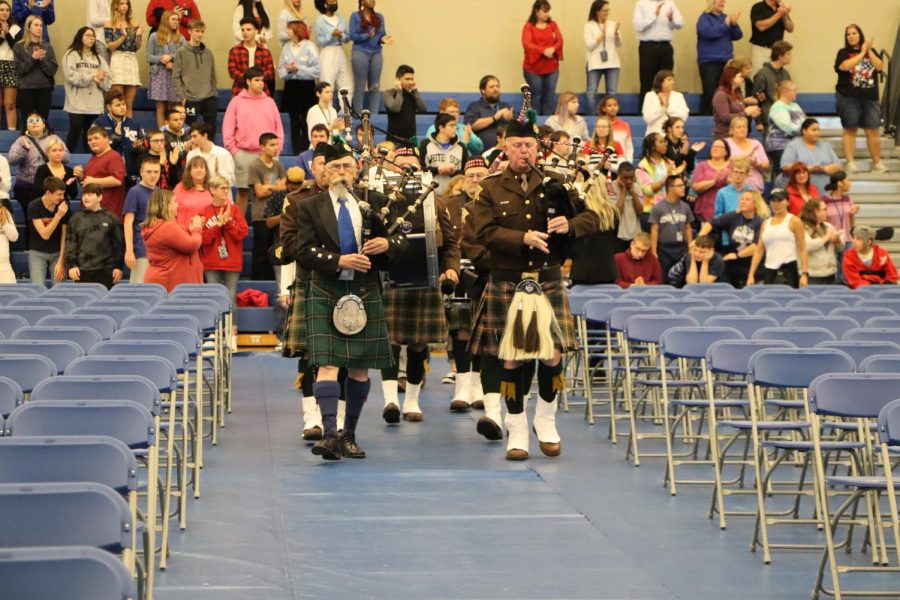 The Pipes and Drums of the Lake County Sheriff’s Department march down the center aisle. They started the program off.