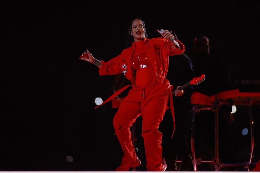 Caption: Rihanna performs in the Super Bowl LVII halftime show at State Farm Stadium on Sunday, Feb. 12, 2023, in Glendale, Arizona. (Yong Kim/The Philadelphia Inquirer/TNS)