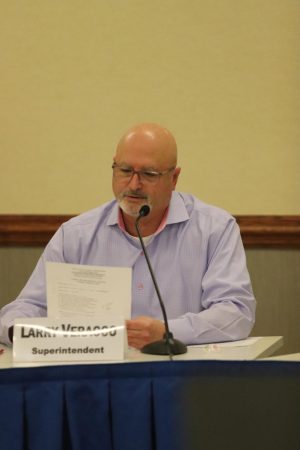 Looking at the handout, Dr. Larry Veracco, Superintendent, goes through the topics of the meeting. He had many pieces of business that needed to be addressed.