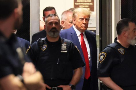 Former President Donald Trump arrives for an arraignment hearing at New York Supreme Court on April 4, 2023, in New York. (Michael M. Santiago/Getty Images/TNS)