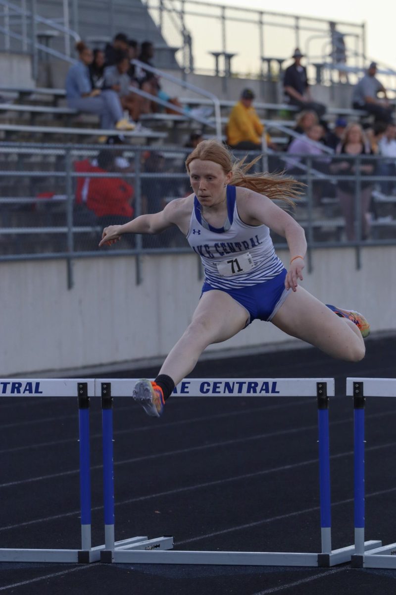 During the meet, Amelia Hecht (11) jumped over the hurdles. Hecht cleared each hurdle and completed her race.